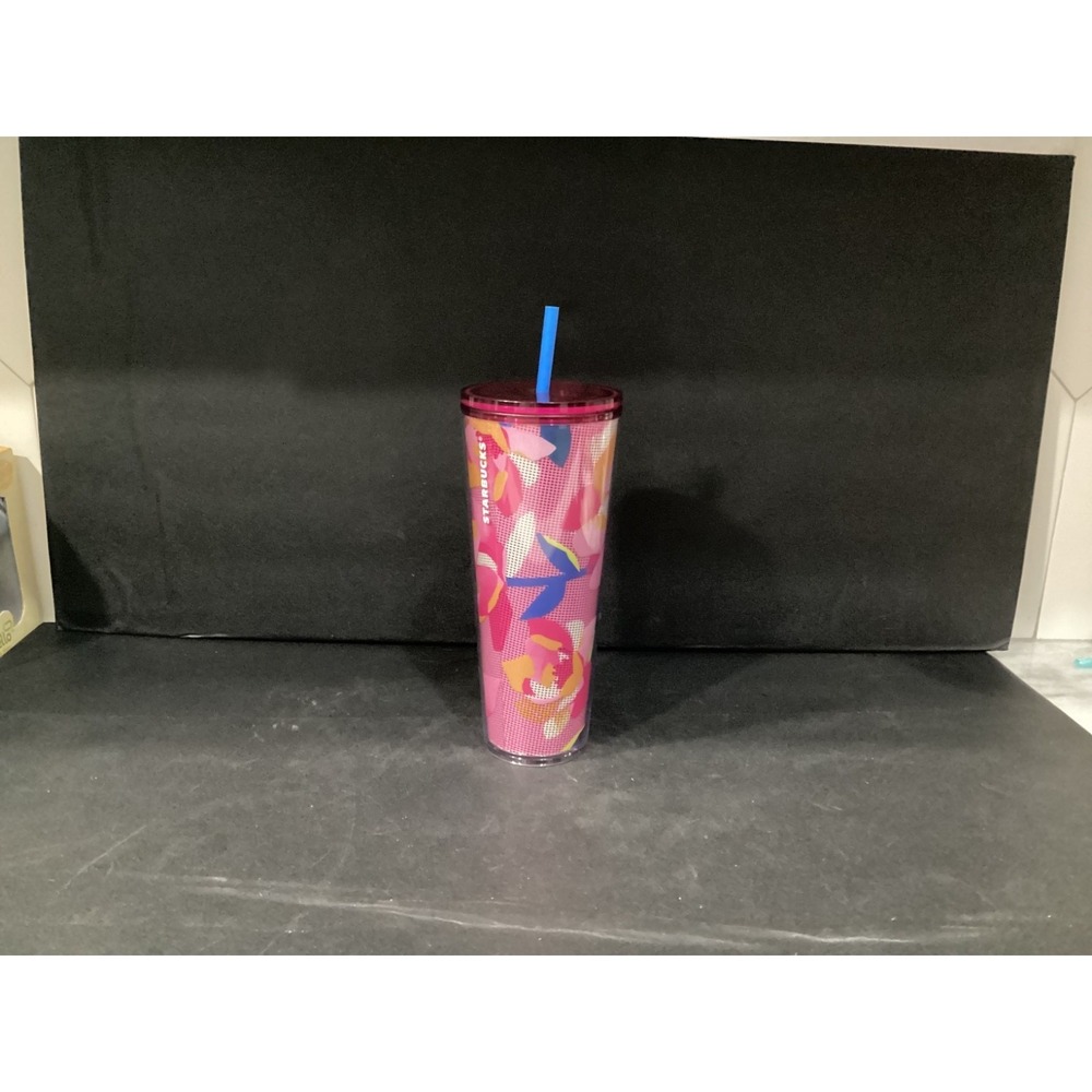 STARBUCKS Spring 2023 Pink Floral Cold Cup‎ Tumbler Venti 24 oz Blue Straw